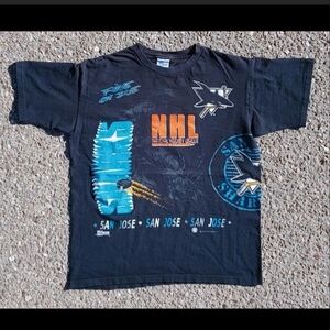 Vtg 1991 San Jose Sharks Salem Sportswear AOP T-Shirt L Made in USA Distressed